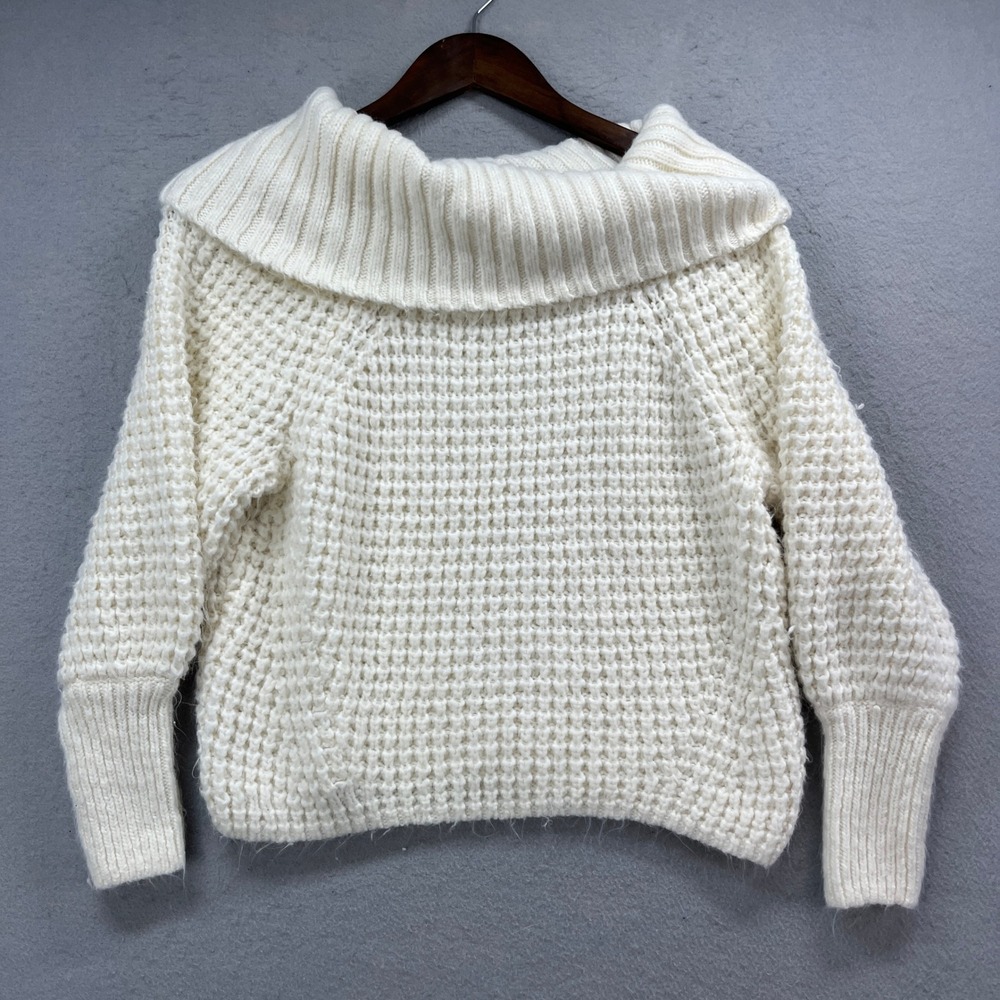 Express Sweater Womens S Cream Off Shoulder Chunky Waffle Knit Cowl Neck Cozy